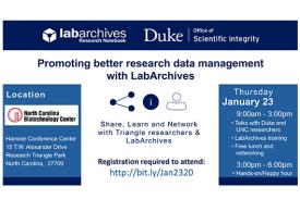Flyer to announce DOSI and LabArchives are co-hosting a regional LabArchives user conference on Jan 23, 2020